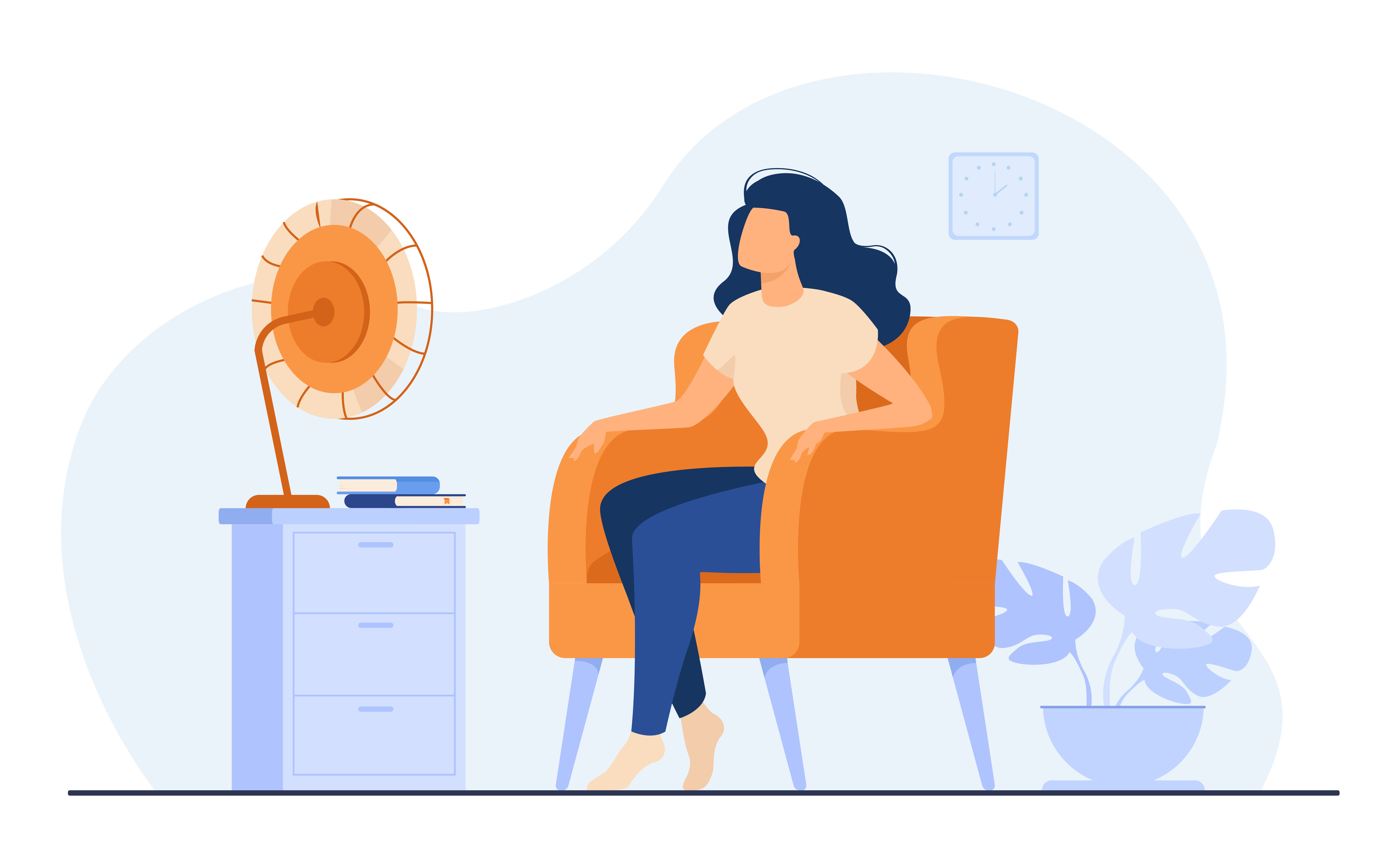 Dibujo de mujer sentada frentre a un ventilador