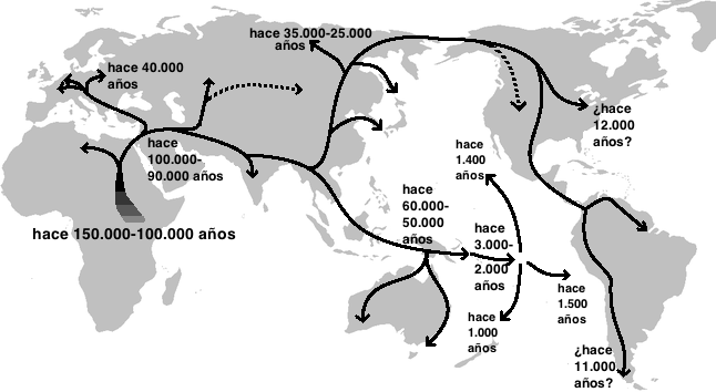 Mapa sobre la expansión territorial de la especie humana Mapa de la migración humana desde África hacia otros continentes