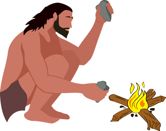Ilustración de un homo sapiens de la Edad de Piedra intentando hacer fuego con dos piedras