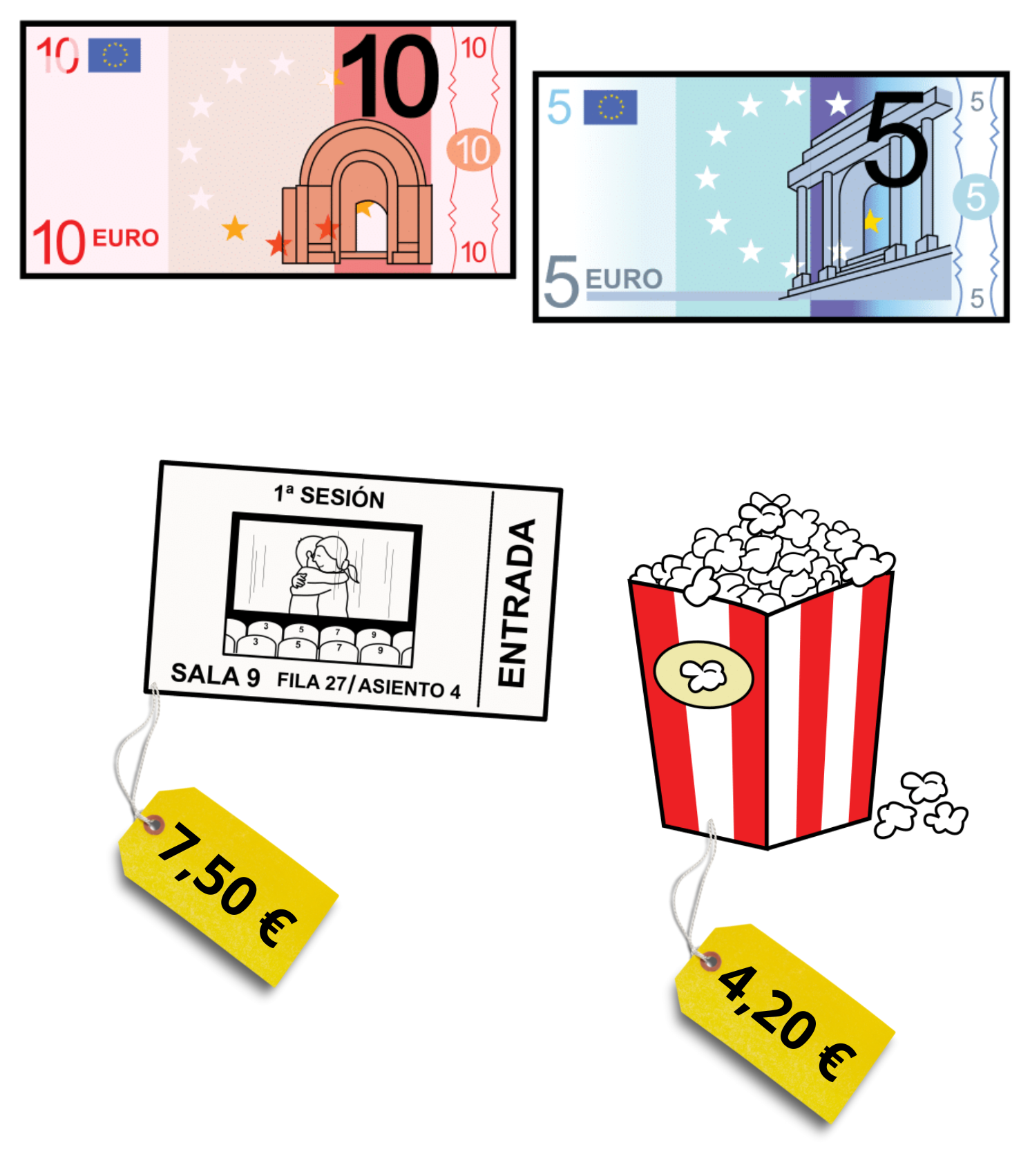 Imagen de un billete de 10 euros, otro de 5 euros, una entrada de 7,50 euros y un paquete de palomitas de 4,20 euros.