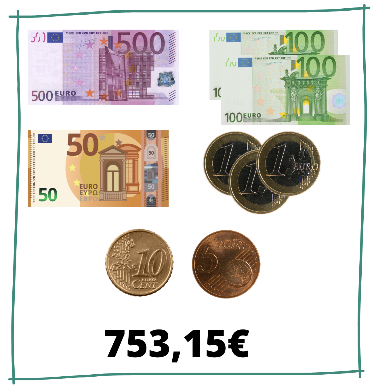 Imagen donde se muestran un billete de 500 euros, 2 billetes de 100, uno de 50, tres monedas de 1 euro, una moneda de 10 céntimos y otra de 5 céntimos. La suma total es 753,15 euros.