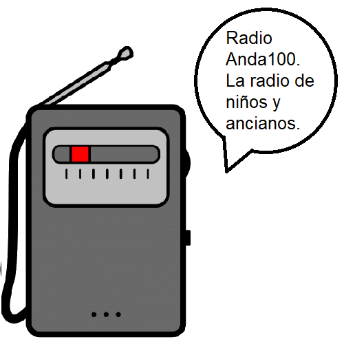 Radio emitiendo un programa. Junto a ella un mensaje en el que se lee el lema de la radio “Radio Anda100. La radio de niños y ancianos”.