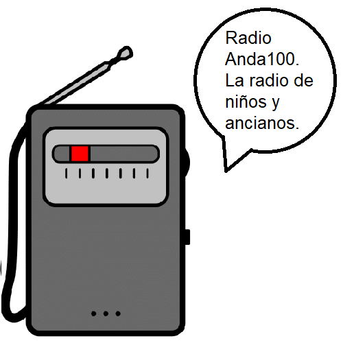 Radio emitiendo un programa. Junto a ella un mensaje en el que se lee el lema de la radio Radio Anda100. La radio de niños y ancianos”.
