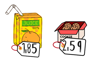Imagen que muestra un paquete de zumo a 1,85 euros y una caja de galletas a 2,59 euros