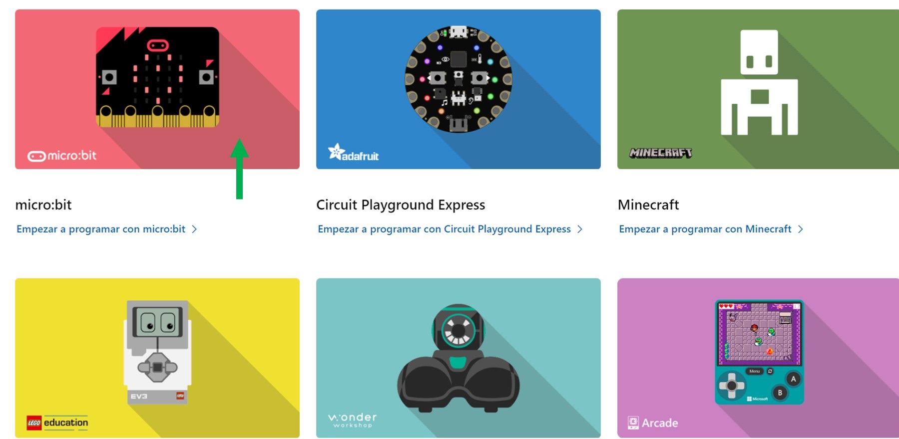Imagen que muestra las aplicaciones dela  página de inicio de MakeCode