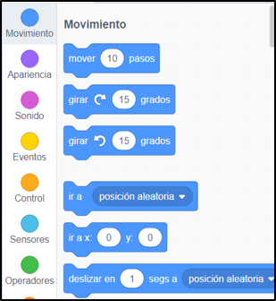 Imagen de las categorías de Scratch, clasificadas por colores.