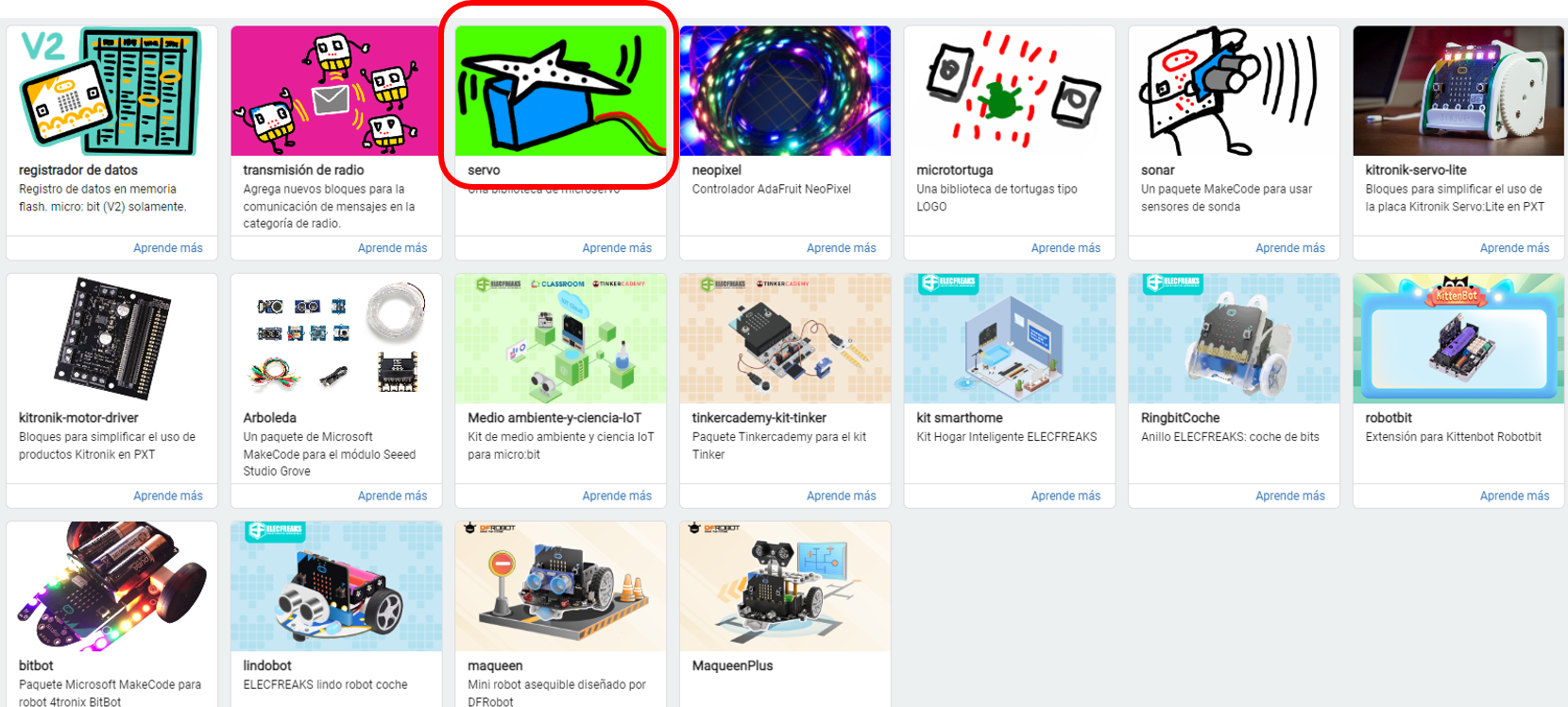 Imagen que muestra las extensiones de micro:bit