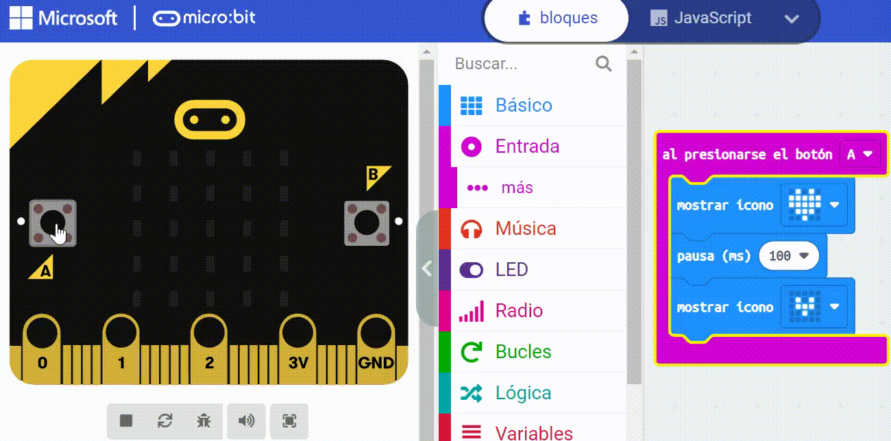 Imagen que muestra un programa y su ejecución en el simulador