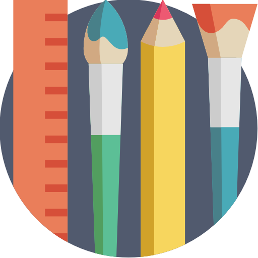Útiles de dibujo: regla, pincel fino, lápiz y pincel grueso