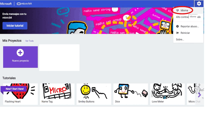 Imagen que muestra los pasos a seguir para consultar los tutoriales sobre micro:bit