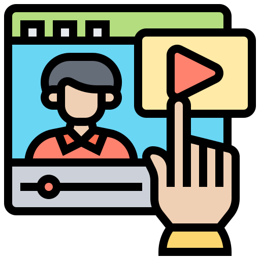 Icono de vídeo: imagen de vídeo con mano haciendo clic en botón reproducir