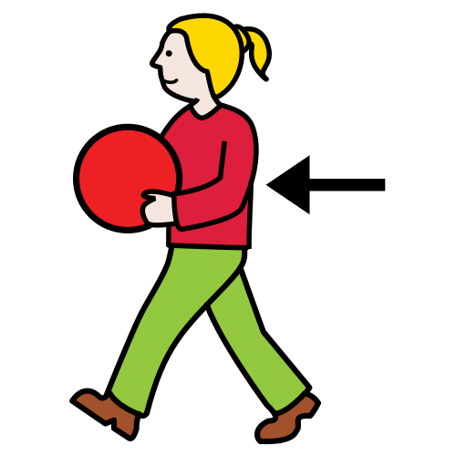 Mujer con pelota roja y flecha señalándola.