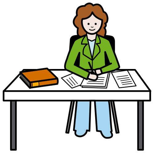 Imagen que representa una mujer sentada en una mesa escribiendo sobre unos folios.