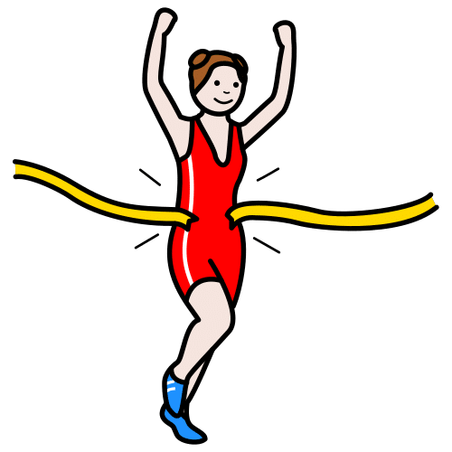 Dibujo que representa a una persona en ropa deportiva que está pasando una línea de meta con los brazos en alto. 