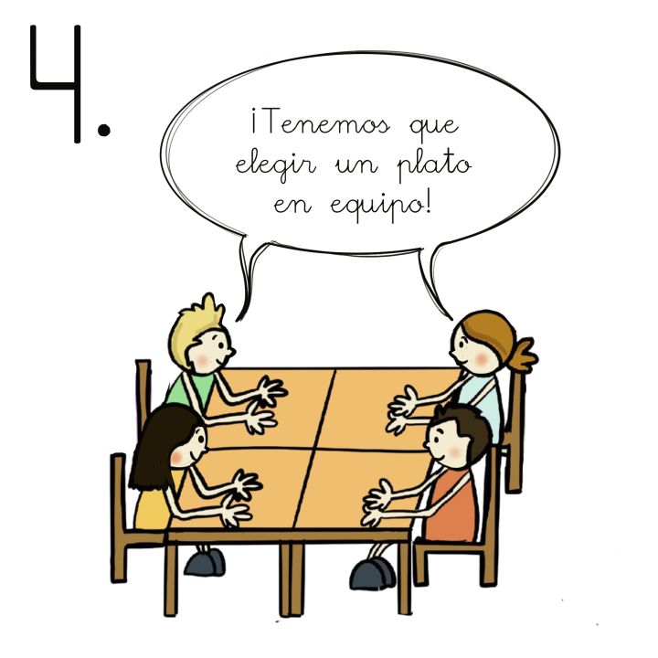 Una persona de pelo castaño con dos coletas y vestido azul, en su mesa piensa uno de sus platos favoritos.