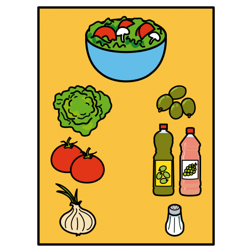 Dibujo donde aparece la imagen de una ensalada en la parte  superior. Debajo de la ensalada aparecen los siguientes alimentos: lechuga, aceitunas, tomate, una botella de aceite de oliva y otra de vinagre, cebolla y sal. 
