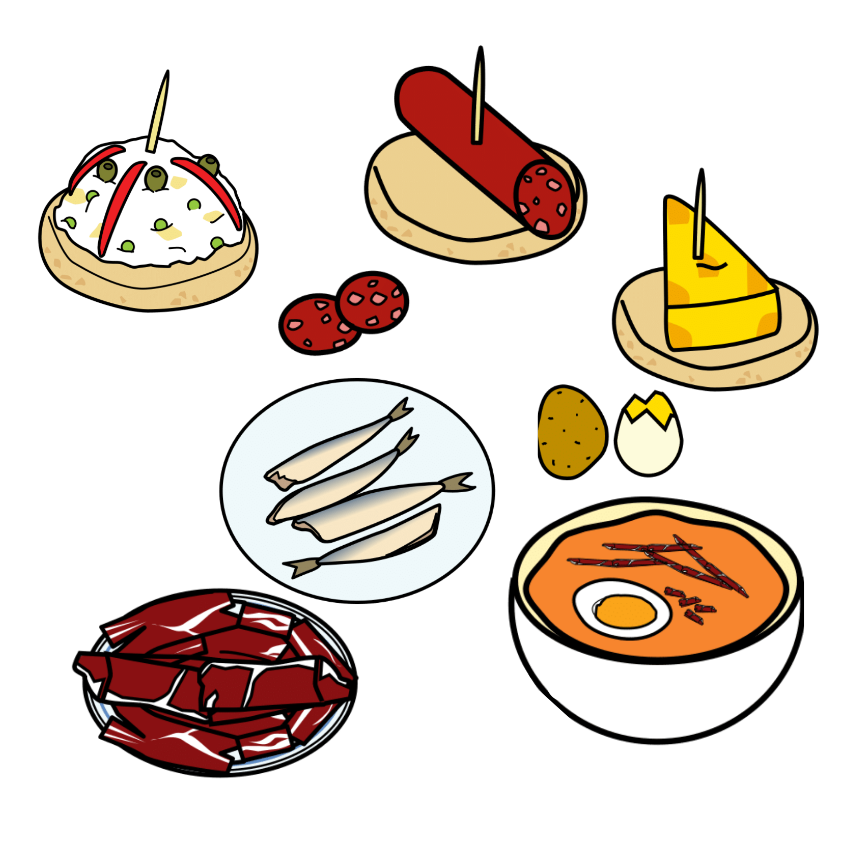 Tapas de ensaladilla, chorizo, boquerones, tortilla de patatas, jamón y salmorejo. 