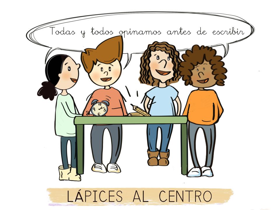 UN GRUPO DE PERSONAS ALREDEDOR DE UNA MESA CON UN RELOJ QUE DICEN QUE ES IMPORTANTE QUE TODOS OPINEN ANTES DE ESCRIBIR EN EQUIPO.