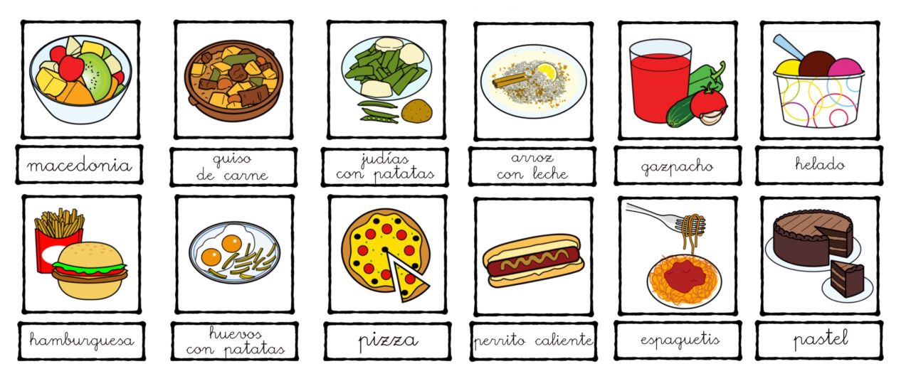 Salen doce platos de comida variados: macedonia, guiso de carne, judías con patatas, arroz con leche, gazpacho, helado, hamburguesa, huevos con patatas, pizza, perrito caliente, espaguetis y pastel.