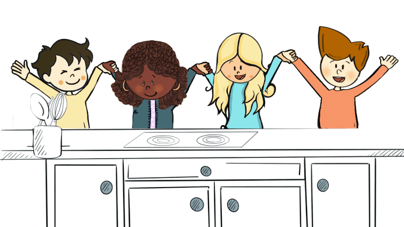 NIÑOS Y NIÑAS EN UNA COCINA SONRÍEN Y LEVANTAN LAS MANOS UNIDAS INDICANDO ALEGRÍA POR HABER REALIZADO CON ÉXITO EL RECETARIO.