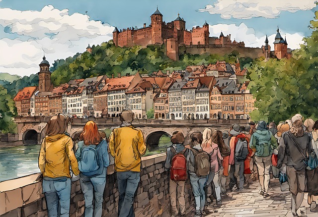 Imagen de Ai generado, Castillo y Turistas. Imagen de una ciudad, castillo al fondo y casas delante, visitada por turistas.
