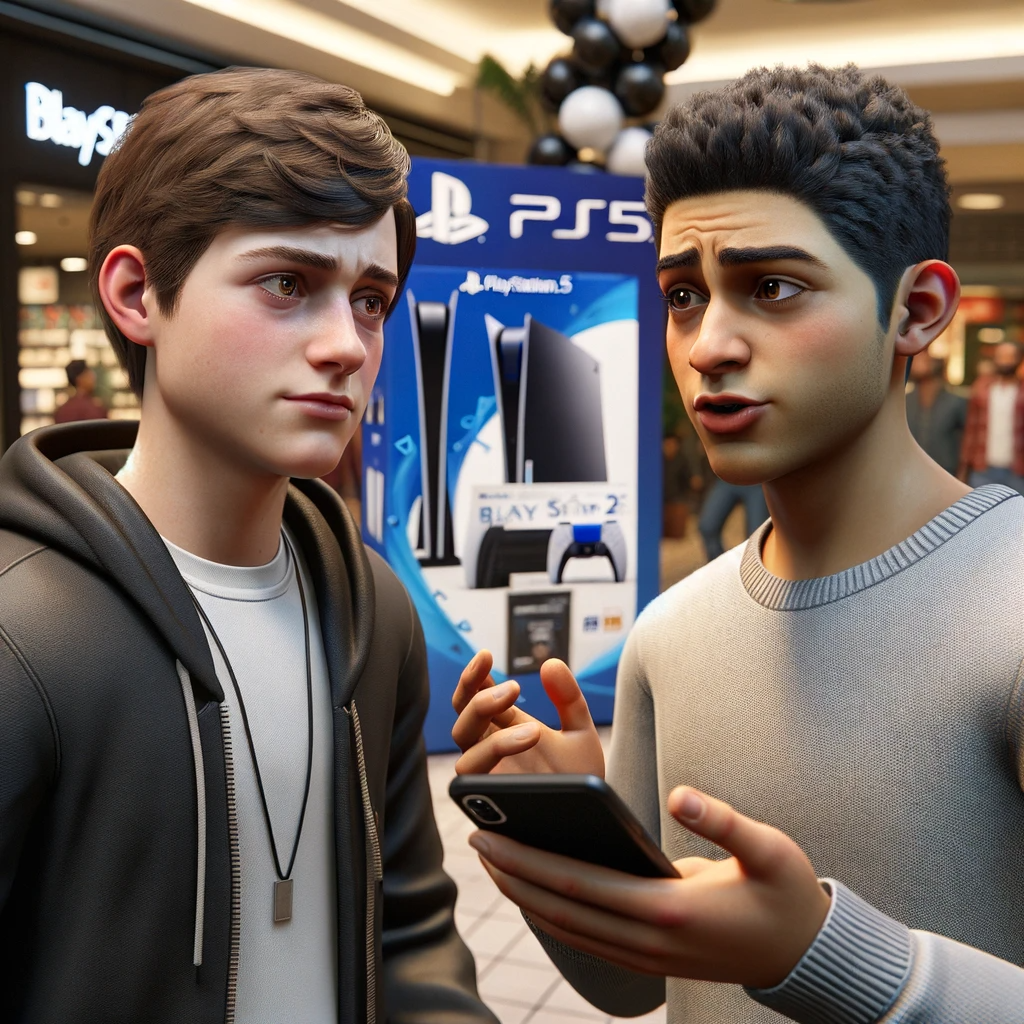 Alex y Dani en el centro comercial (Dall-e)