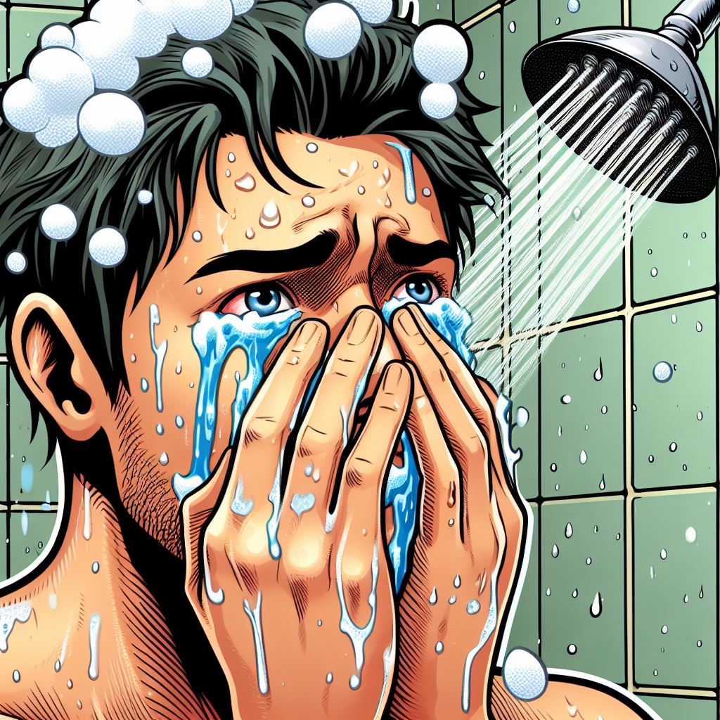 Juan en la ducha. Persona en la ducha con ojos irritados