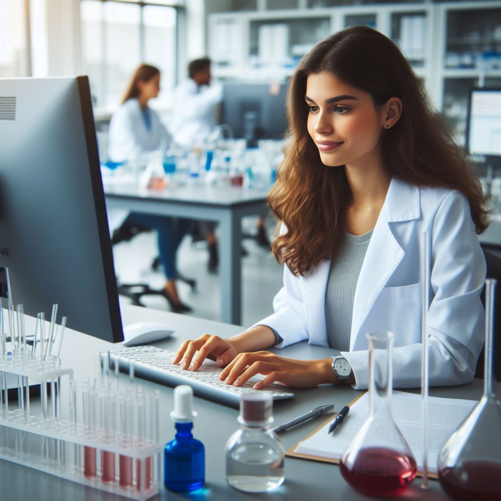 Químico utiizando un ordenador en un laboratorio
