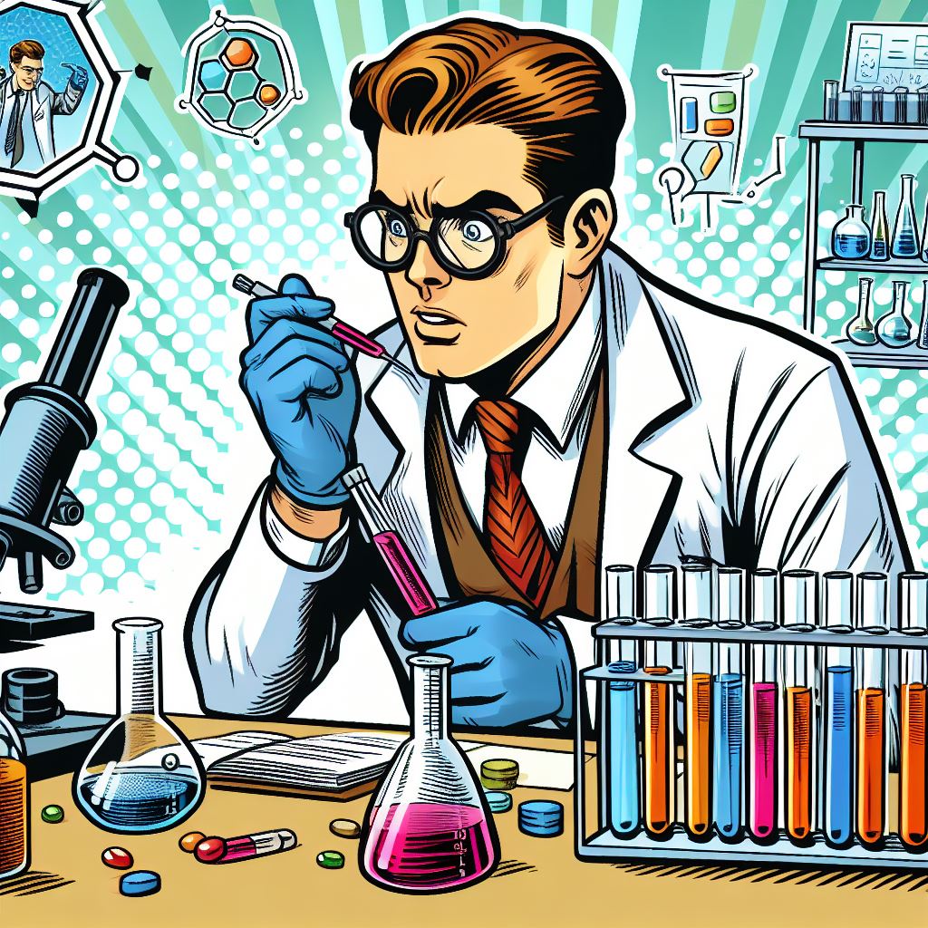 Dibujo de un químico haciendo análisis en el laboratorio
