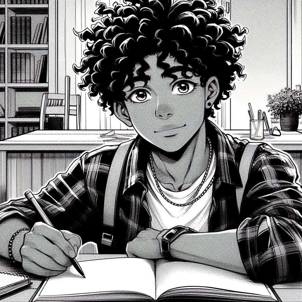 Chico reflexionando frente a un cuaderno estilo manga