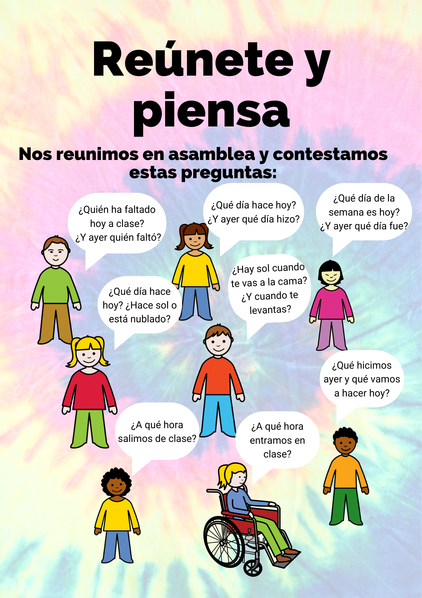 La imagen muestra el dibujo de ocho niños y niñas. Cada uno plantea una pregunta