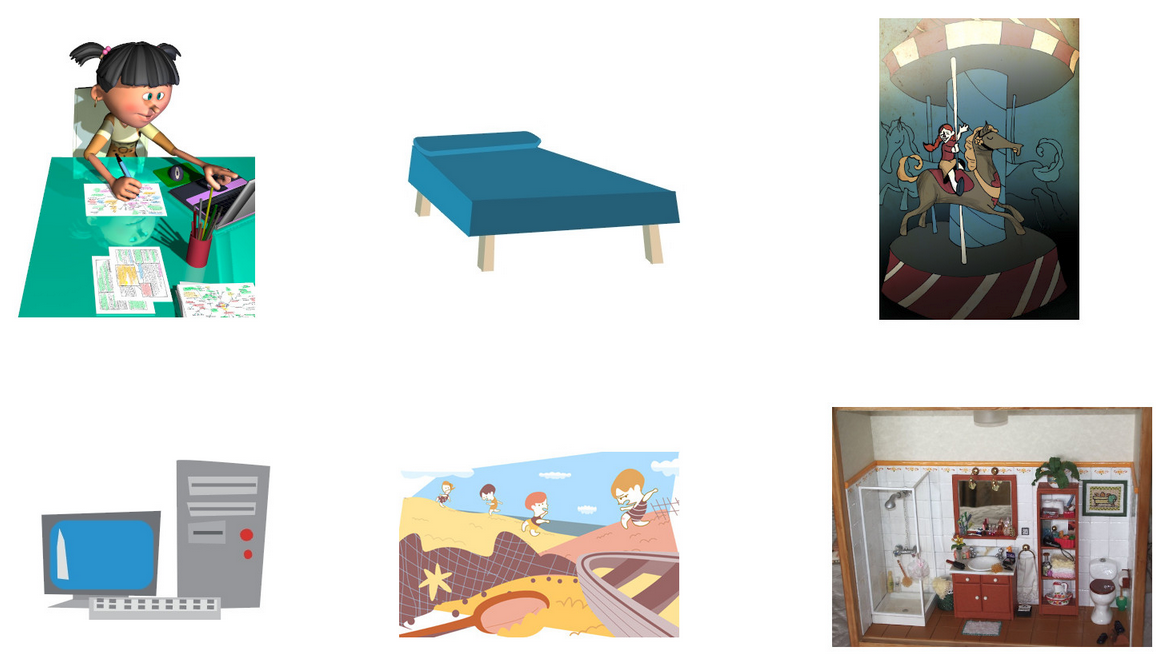 La imagen muestra una composición de fondo con diferentes tareas diarias: hacer los deberes, tiovivo, ir a la playa, una cama, un ordenador y un cuarto de baño