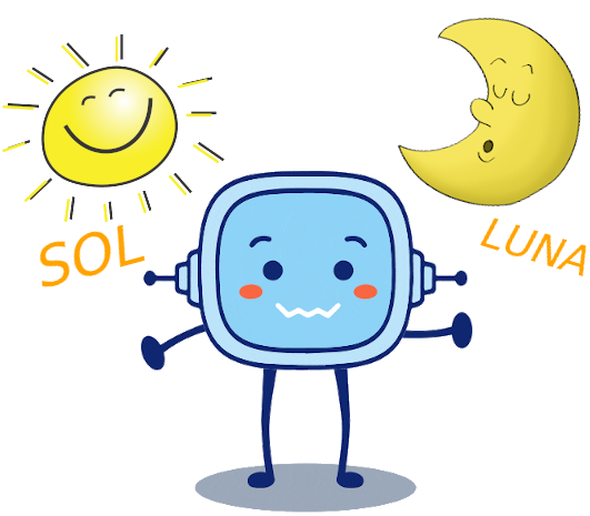La imagen muestra a Rétor en el centro, a la izquierda un sol sonriente y a la derecha una luna durmiendo
