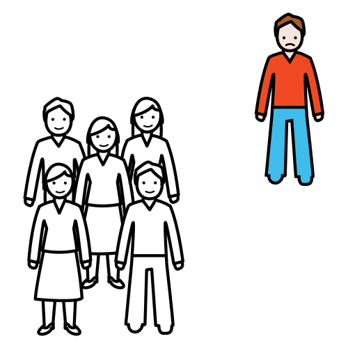 Específica Conjunto de personas muy parecidas entre sí y otra persona que está a un lado de manera muy específica que hace que se distinga de los demás.
