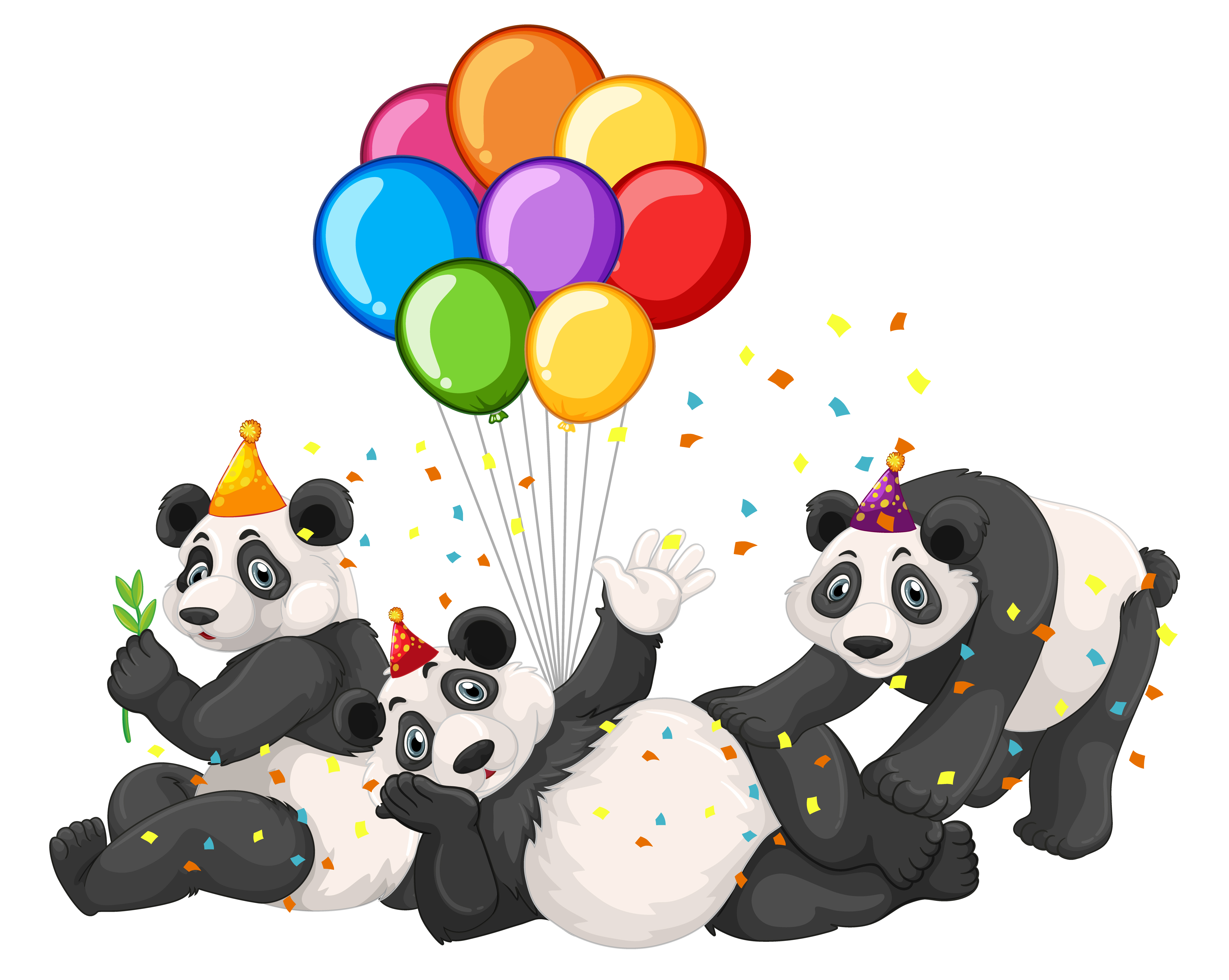 Vector gratuito grupo panda en tema de fiesta aislado sobre fondo blanco. Sorpresa panda