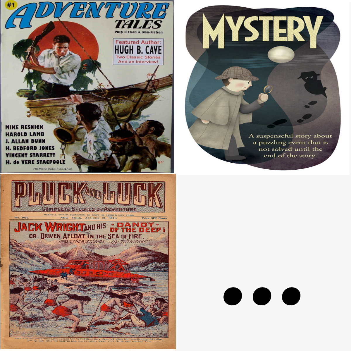 En la imagen puedes ver un collage 2x2 con portadas de libros. Uno de aventuras, otro de misterio y otro de ciencia ficción. En la cuarta casilla aparecen unos puntos suspensivos, porque géneros literarios hay muchos más