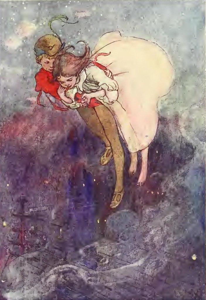 En la imagen puedes ver la portada del cuento Peter Pan. Se puede ver a Peter Pan sobrevolando la ciudad con Wendy