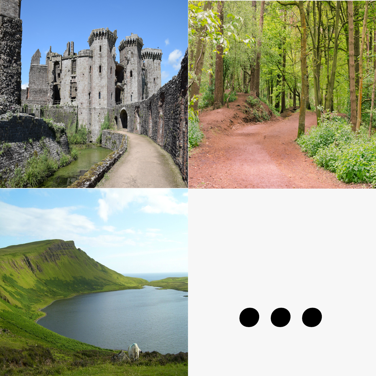 En la imagen puedes ver un collage 2x2 con lugares donde ambientar una historia. Un castillo, un bosque y una isla. En la cuarta casilla aparecen unos puntos suspensivos, porque lugares donde ambientar una historia hay muchos más