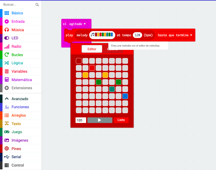 Captura de pantalla sobre el código en makecode para agitar y hacer sonar una melodía en microbit
