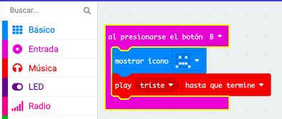 Código al presionar botón B que muestre cara triste y haga un sonido triste