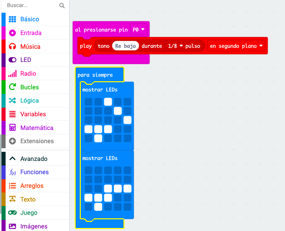 Código makecode para hacer uso del PIN0 y pin GROUND