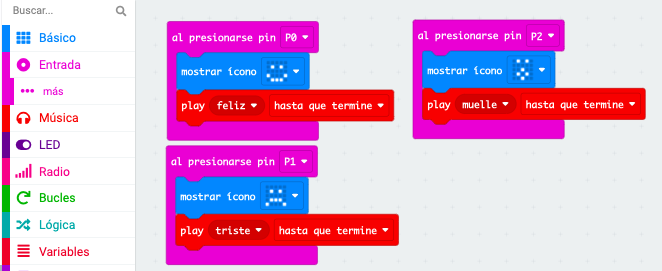 Código en makecode sobre emociones, sonidos y pines de la tarjeta micro:bit