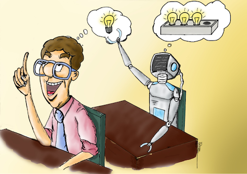 Persona pensando y un robot detrás quitándole esas ideas a través bombillas