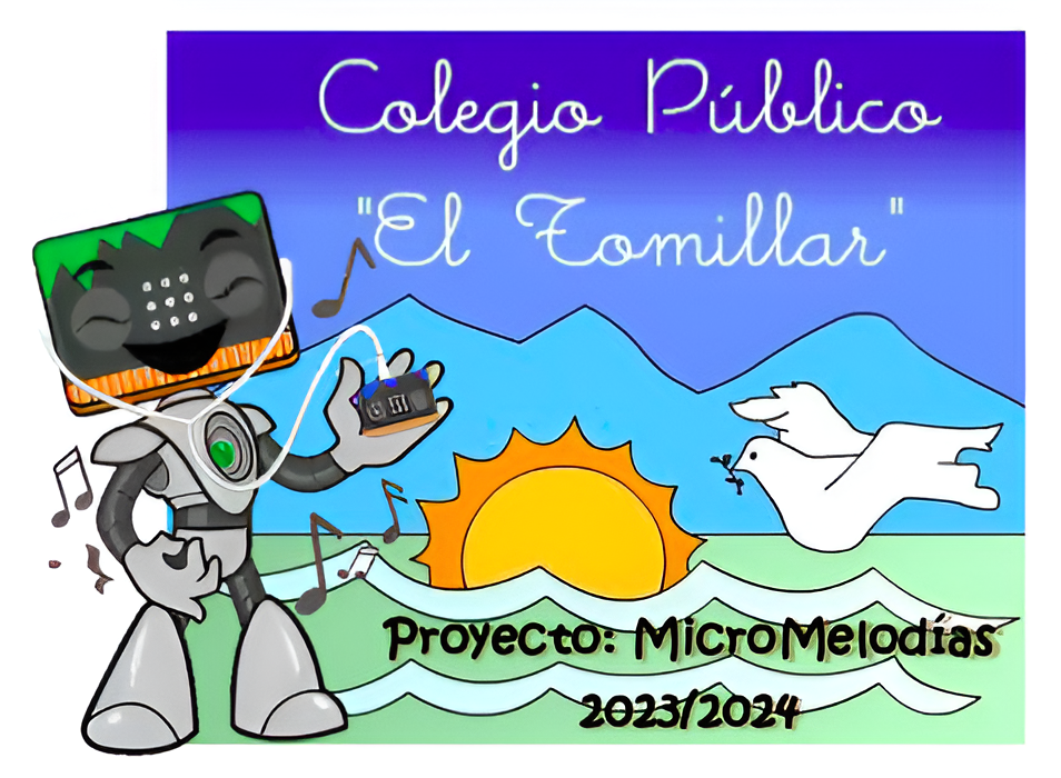 Logo del CEIP El Tomillar y Mr Bit escuchando música