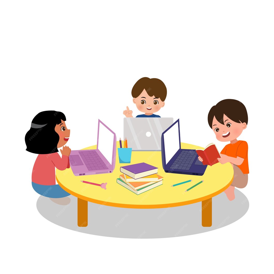 tres niños investigando con ordenadores