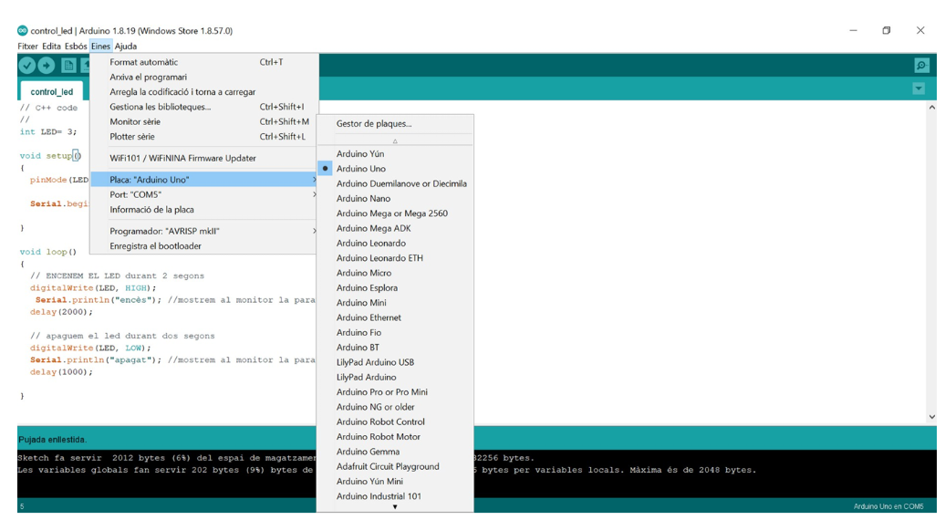 Selecció de la placa Arduino
