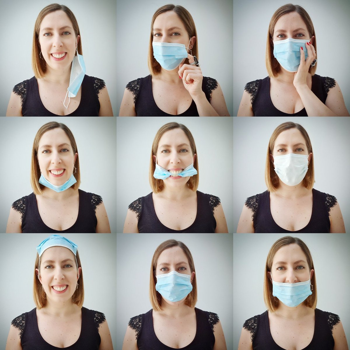 Mal uso de mascarilla Mujer con blusa negra sonriendo - Mal uso de mascarilla