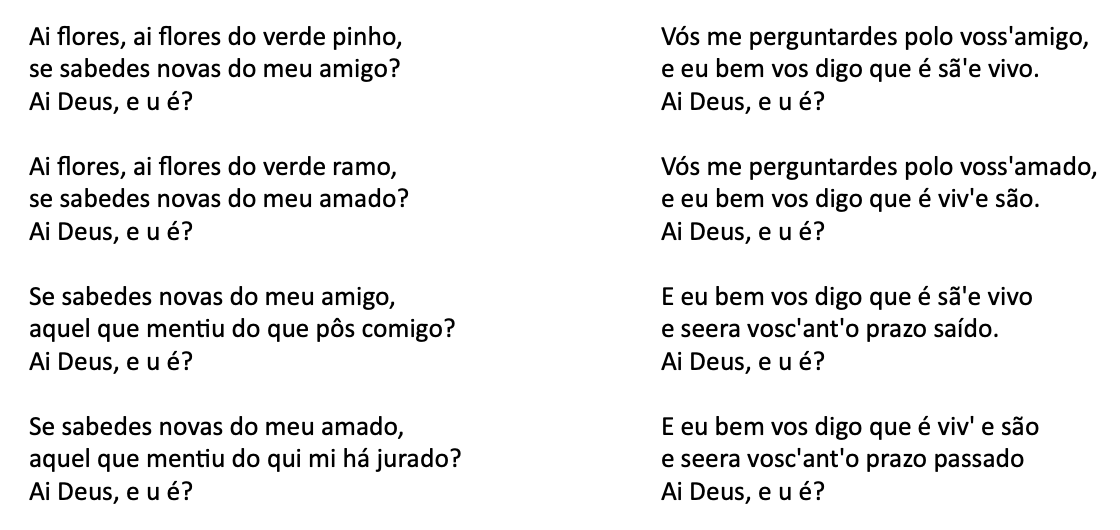 Letra original de la cantiga Ai flores