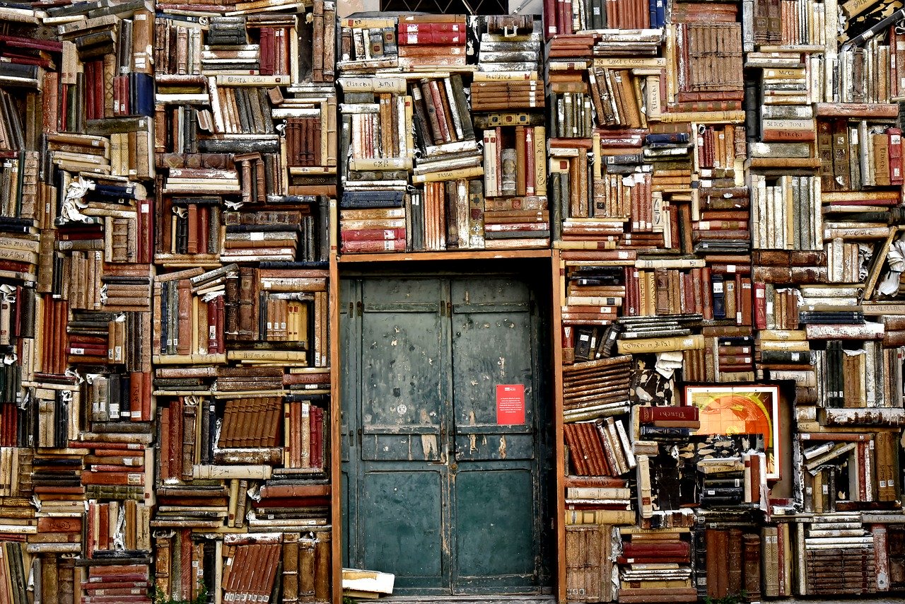 imagen de una puerta flanqueada por libros en todos sus lados