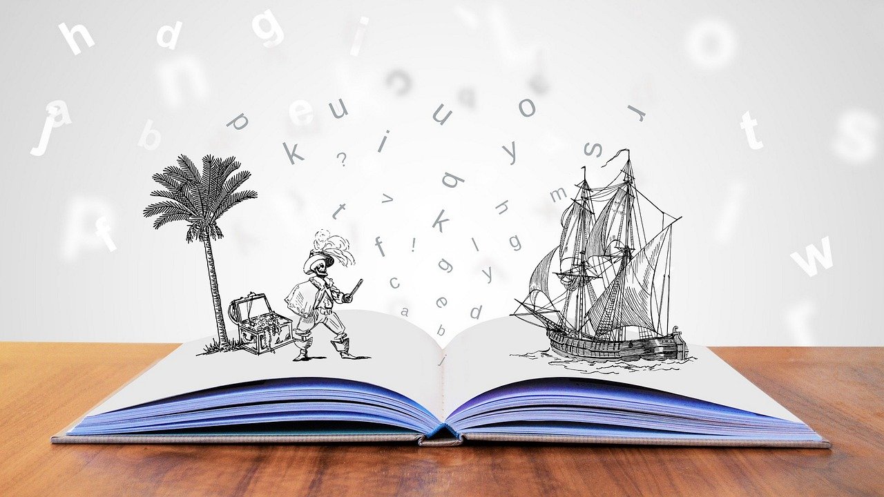 Imagen de un libro abierto en horizontal y de él salen letras una isla con un personaje y un barco